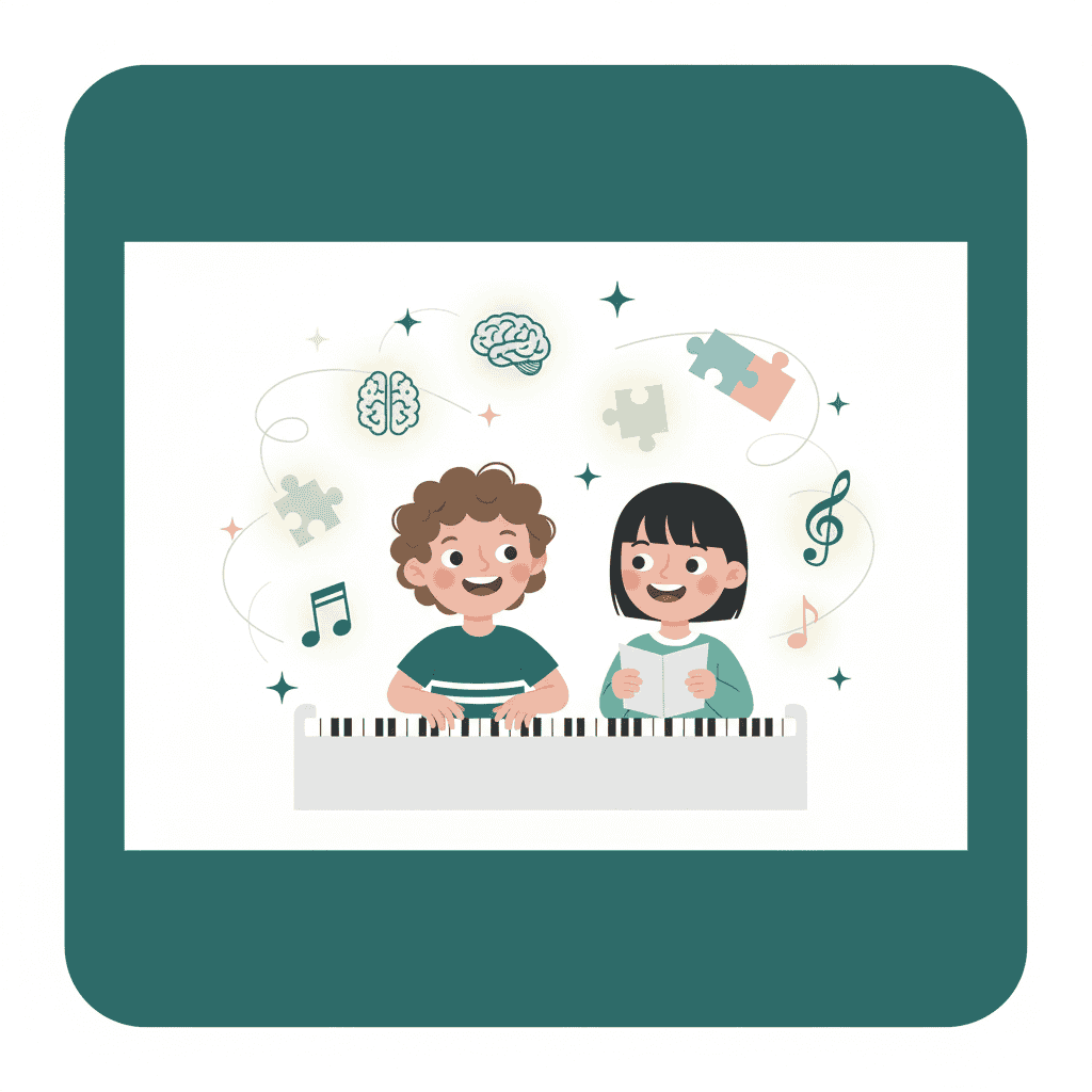 Two children learning at a keyboard illustration