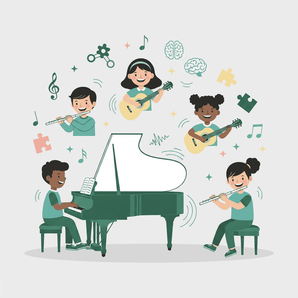 Children playing piano, flute and guitars illustration