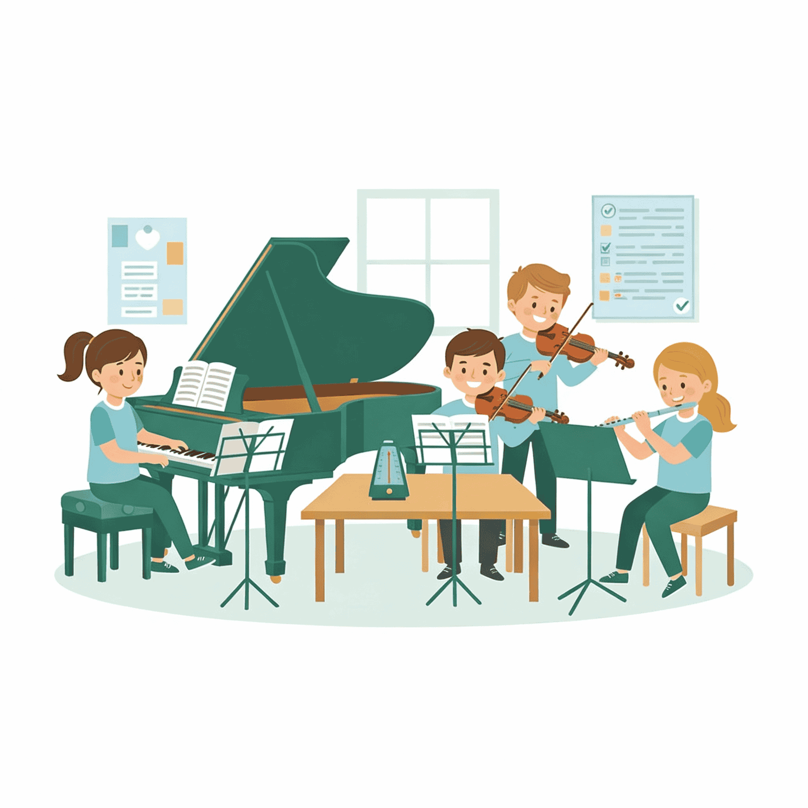Children practicing instruments together illustration